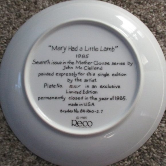 Mary Had Little Lamb Blue Mother Goose 1985 Reco Collectible Plate J McClelland - Picture 4 of 4